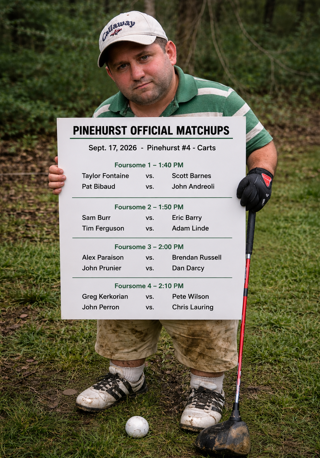 Golfer holding the official Pinehurst Round 1 singles matchplay pairings