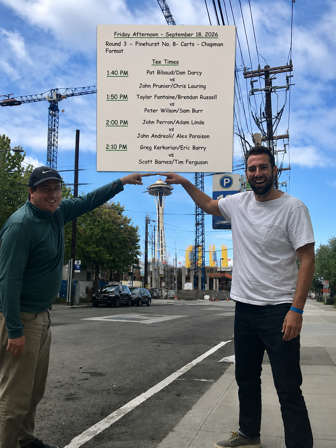 Official Pinehurst Round 3 Chapman format pairings displayed over a Seattle street scene